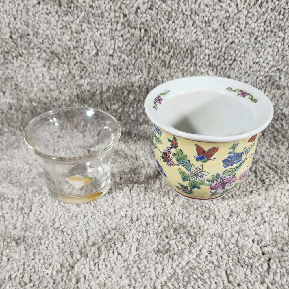 Porcelain Candle Holder Yellow Famille Rose Floral Butterfly with Glass